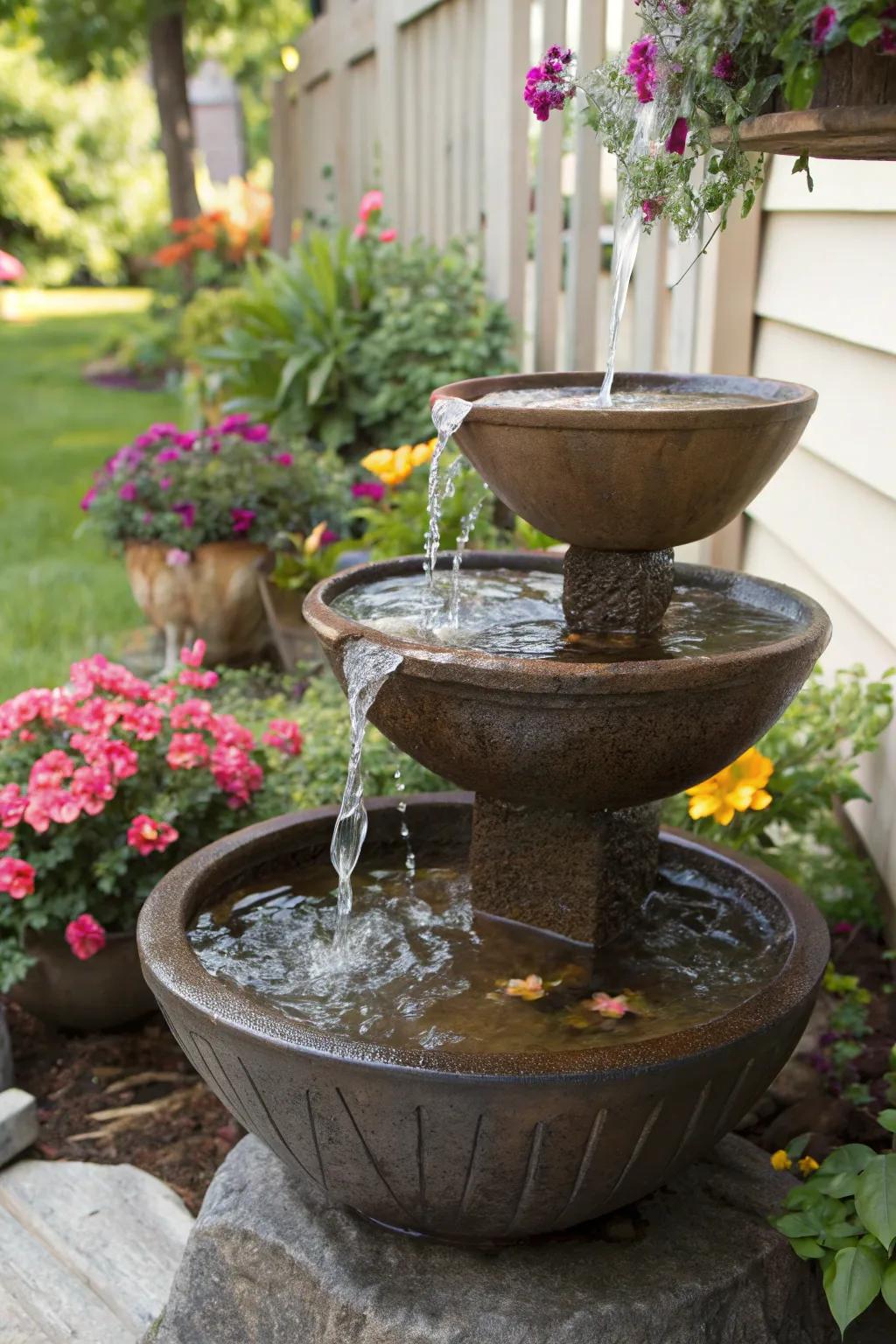 Tiered bowls combine to form a striking vertical waterfall element.