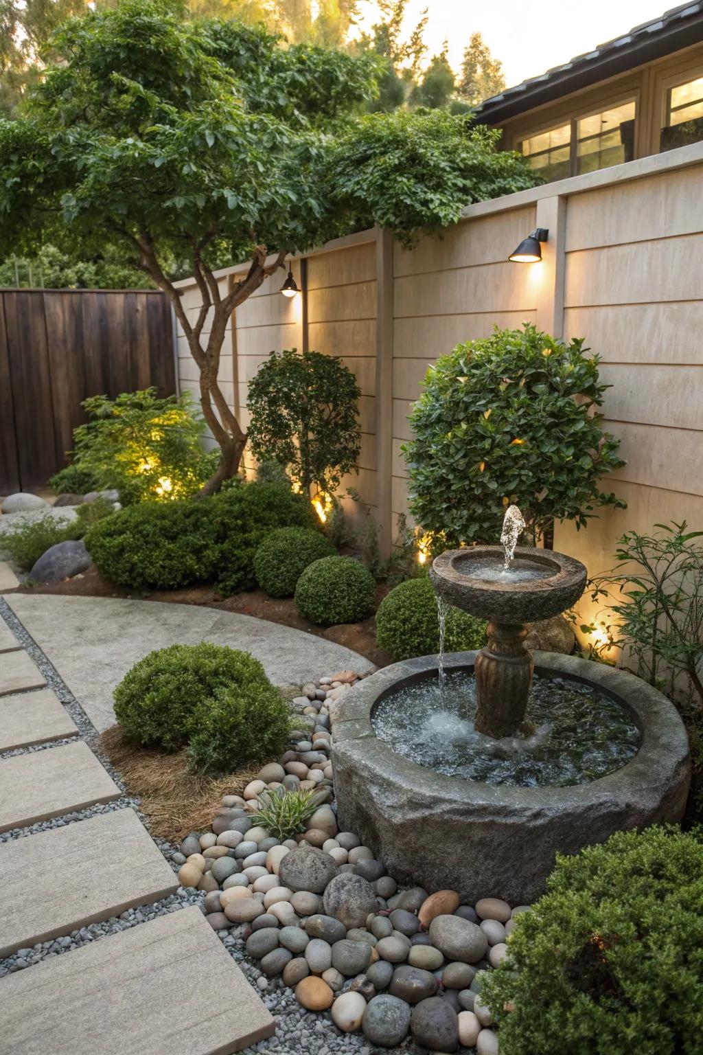 A peaceful backyard zen garden featuring a small water fountain embraced by vibrant greenery.