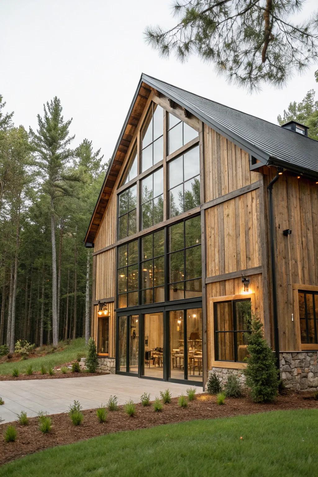 A modern rustic barn blending smoothly into its natural environment.