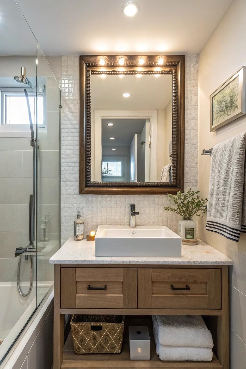 Mirrors above backsplashes conjure the illusion of spaciousness.