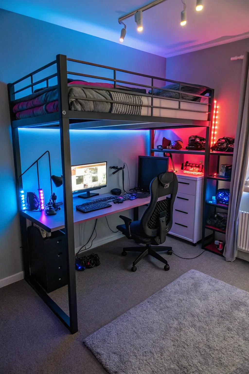Use the space above you with high sleepers to create a functional gaming spot.