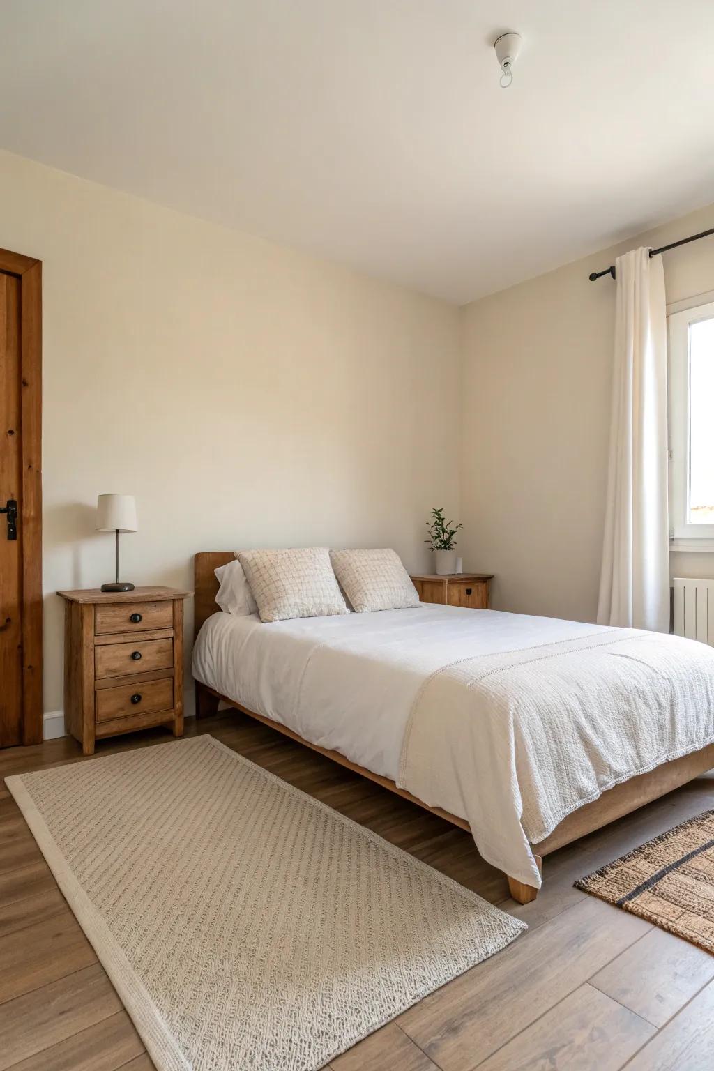 A minimalist bedroom design, featuring neat lines and soothing neutral shades.
