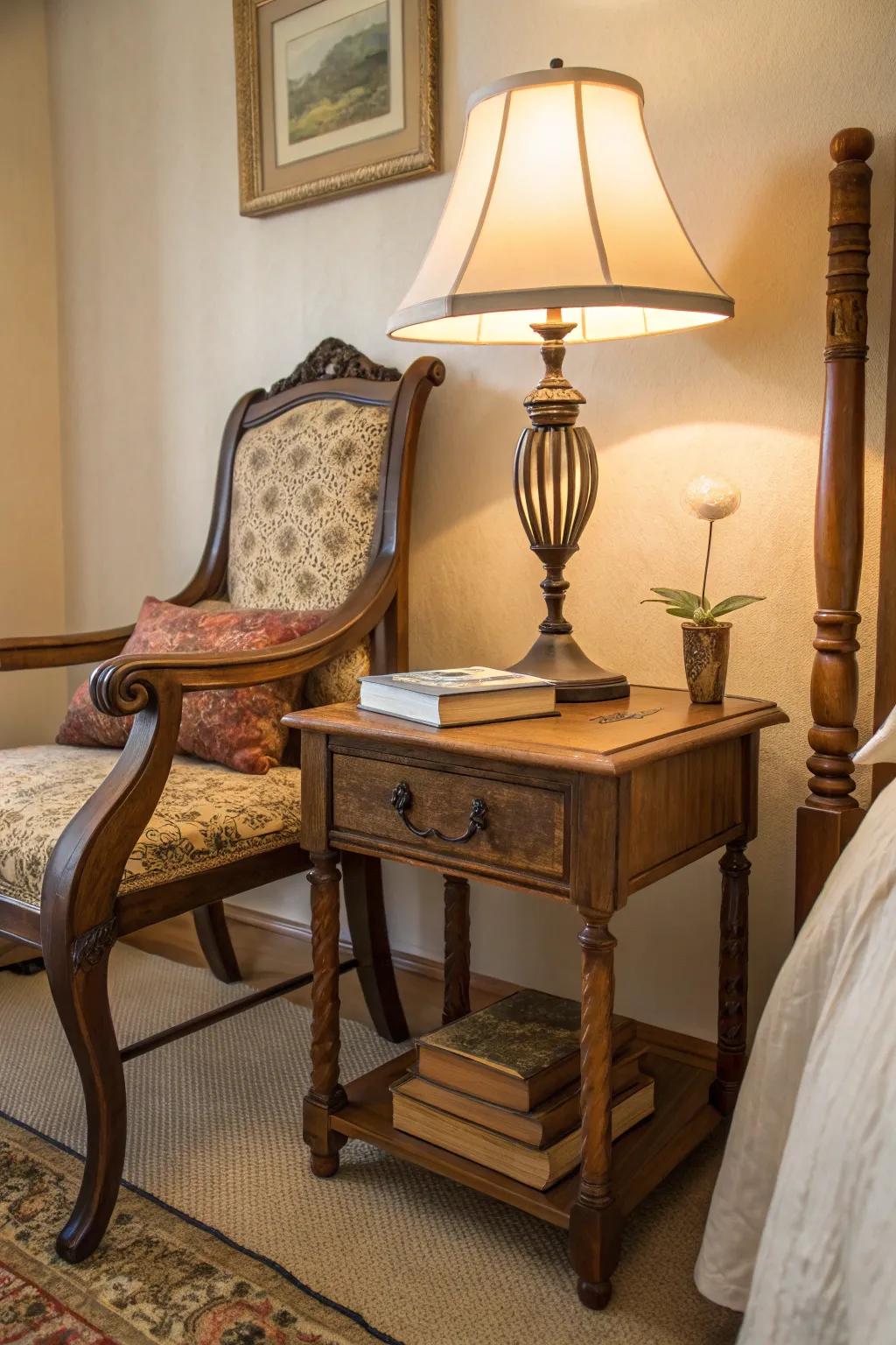 A classic chair is creatively repurposed into a bedside table.