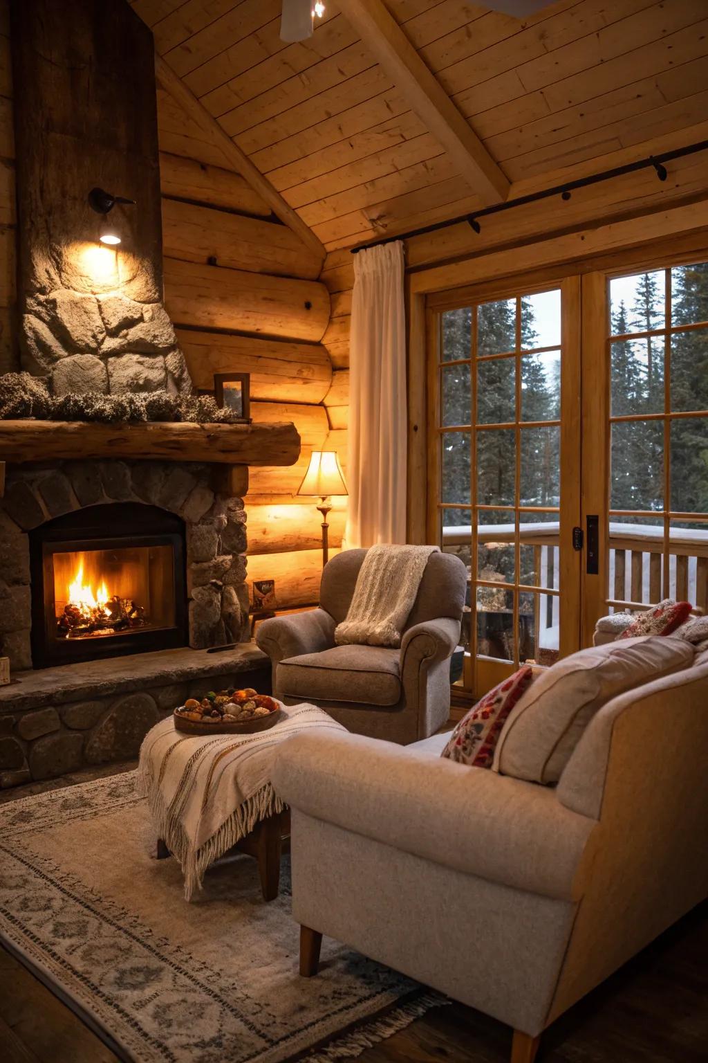 A welcoming cabin interior with soft lighting and comfortable seating.