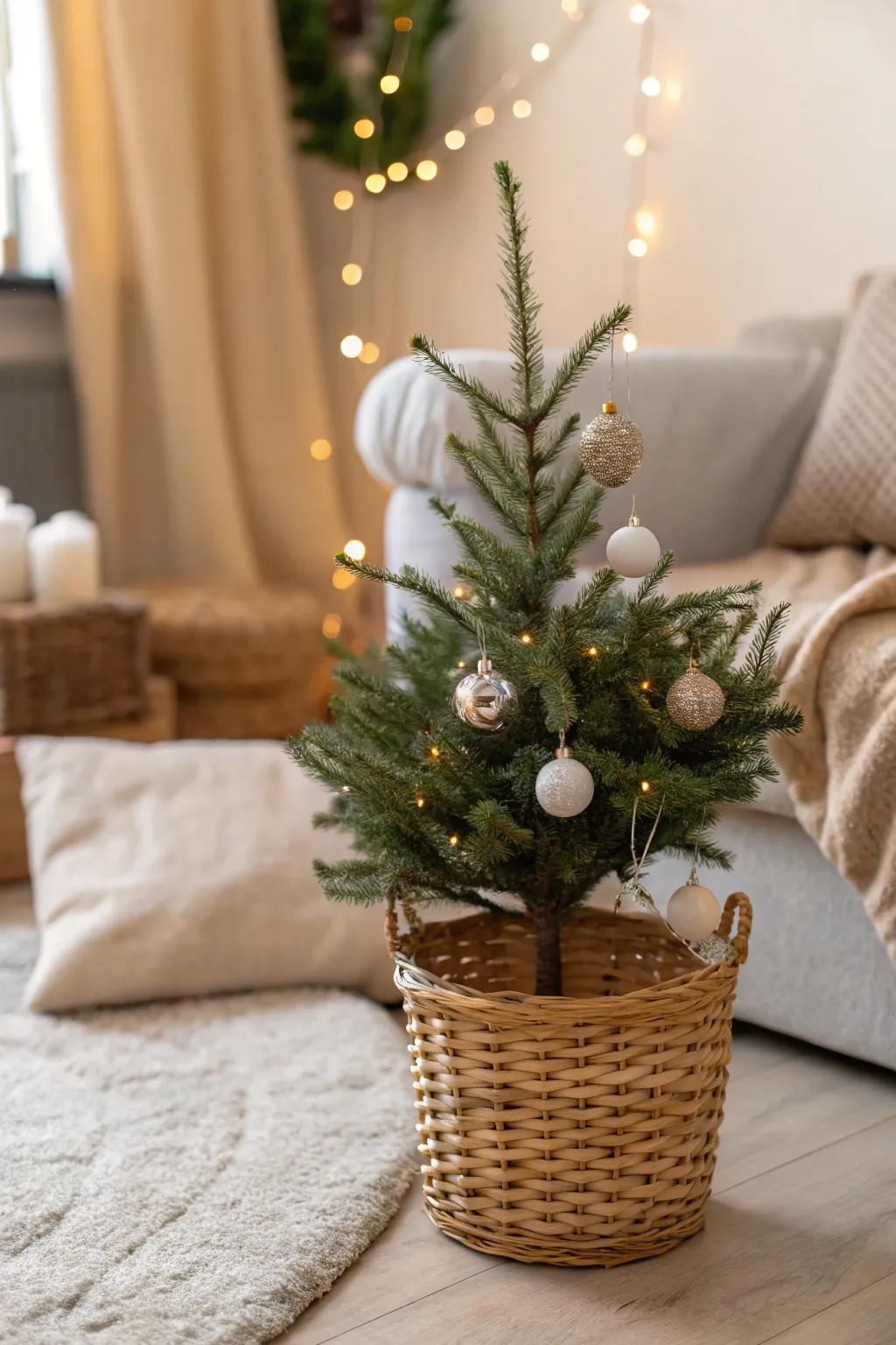 A small Christmas tree in a rustic basket base, perfect for a cozy setting.