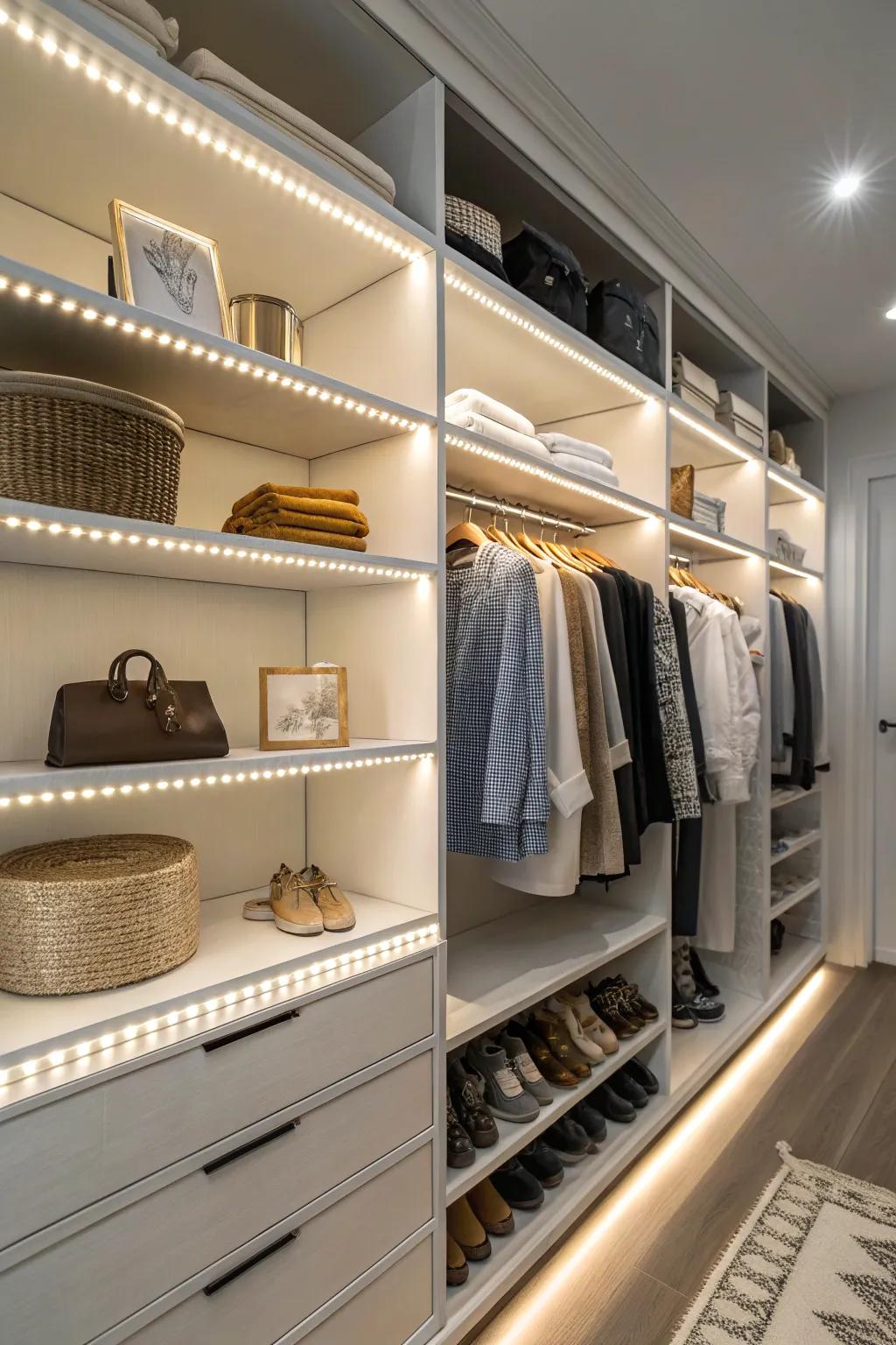 LED strip lights provide a modern shine to closet shelves.