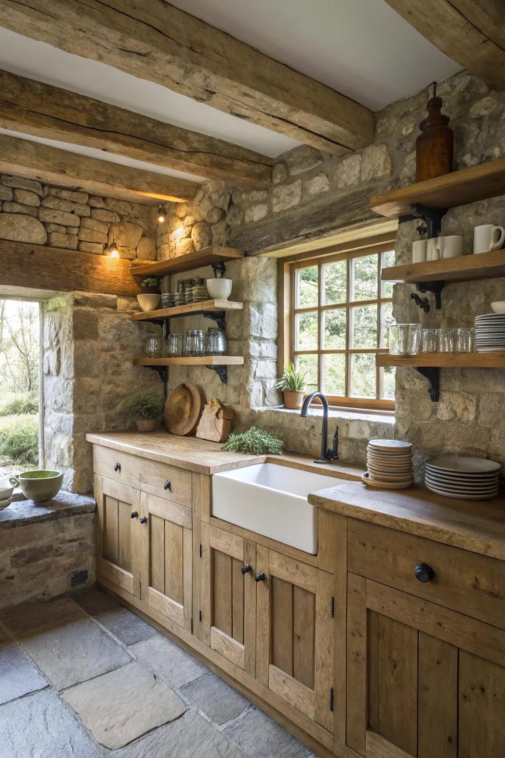 Organic components imbue countryside charm into this diminutive cottage kitchen.