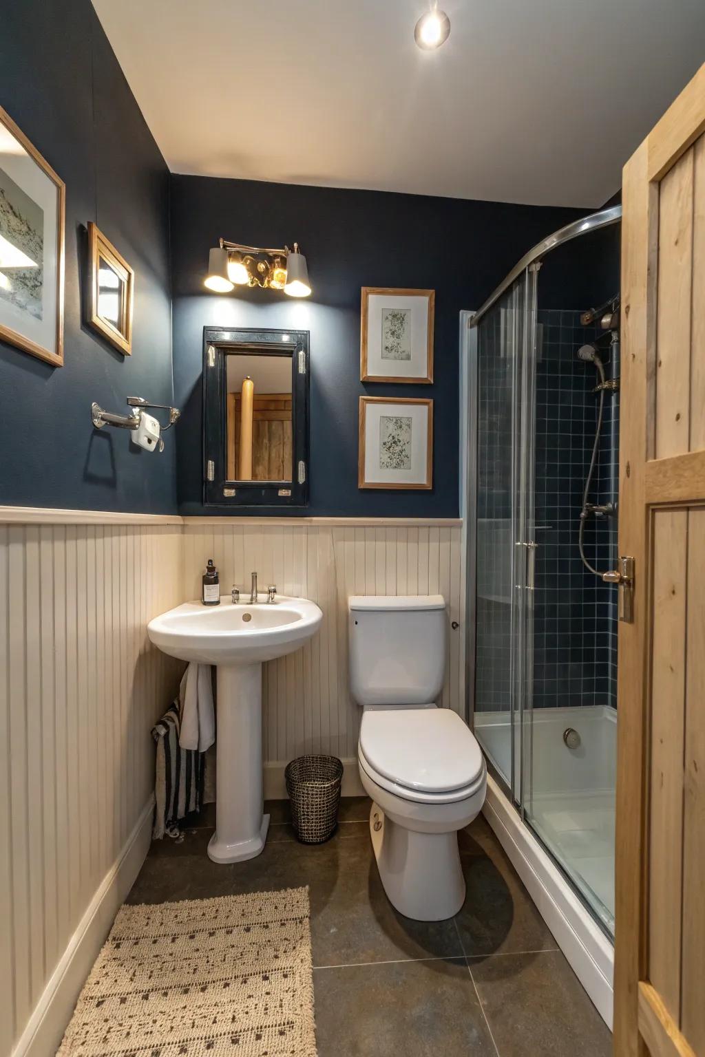 Rich blue walls offer a sophisticated foundation that elevates the bathroom's overall design.