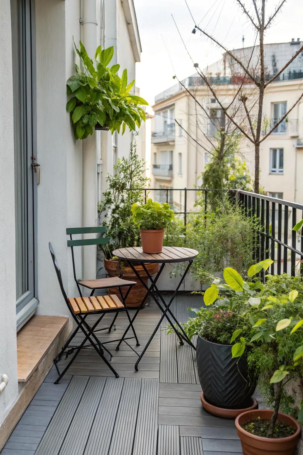 Your deck is kept tidy and pleasant with space-saving furniture.