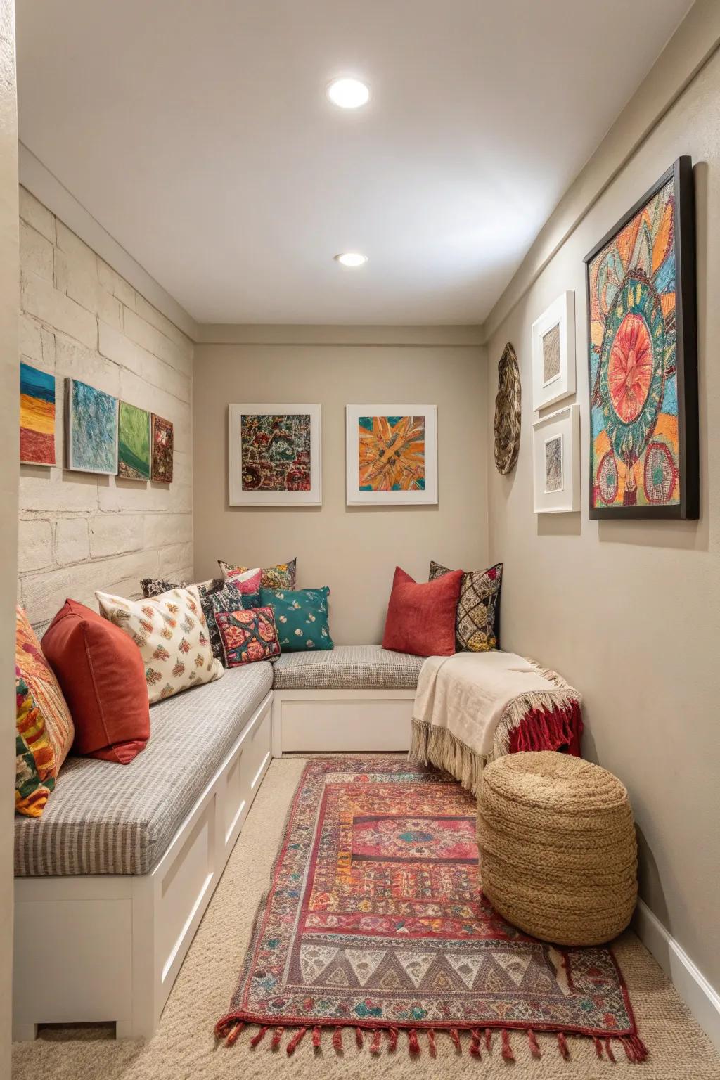 Earthy hues accompanied by vibrant highlights create a harmonious ambiance.