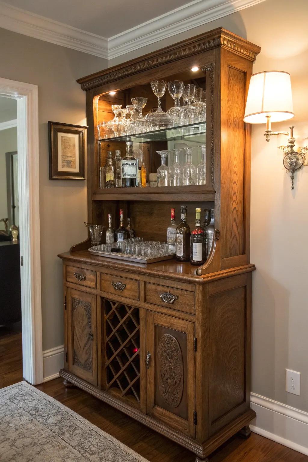 A classic cupboard repurposed as a dry bar.