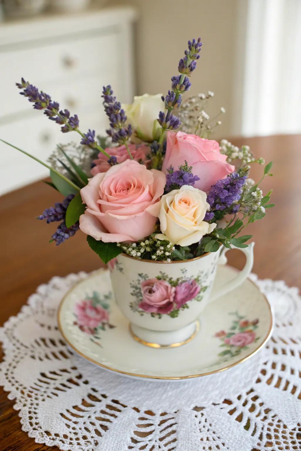 Antique teacups transform into refined botanical holders.