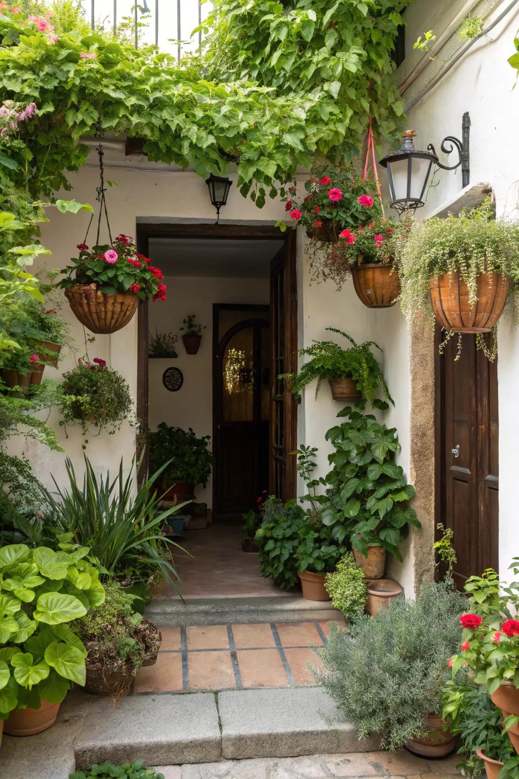Greenery enriches the natural charm of a small entrance.