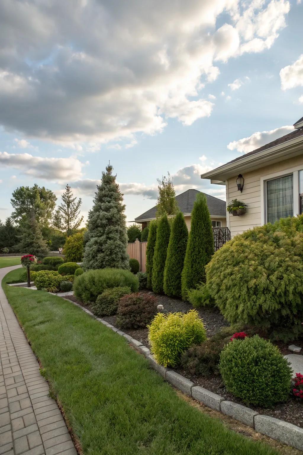 Dwarf evergreens create a lush backdrop that's easy to care for.