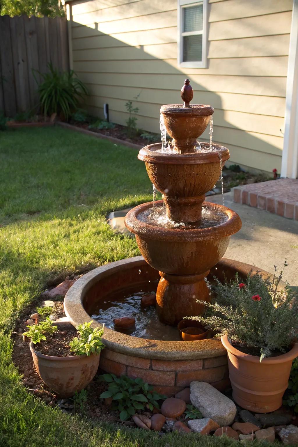 A clay tiered water feature imparts warmth and individuality.