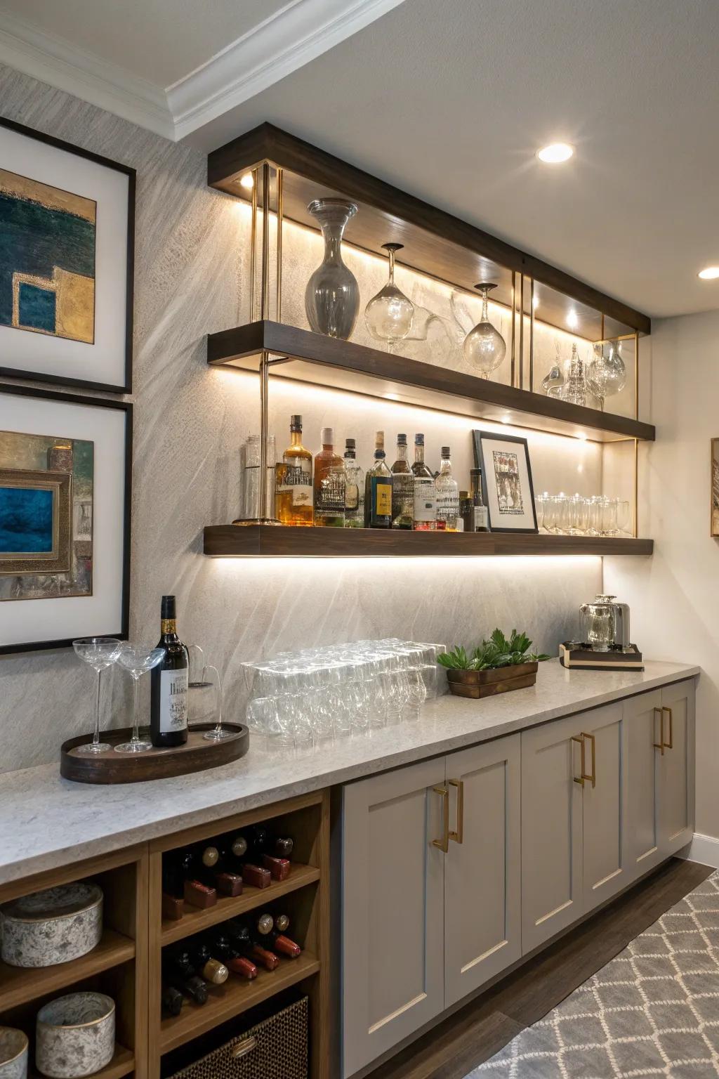 Display ledges introduce a refined element to any small home bar.