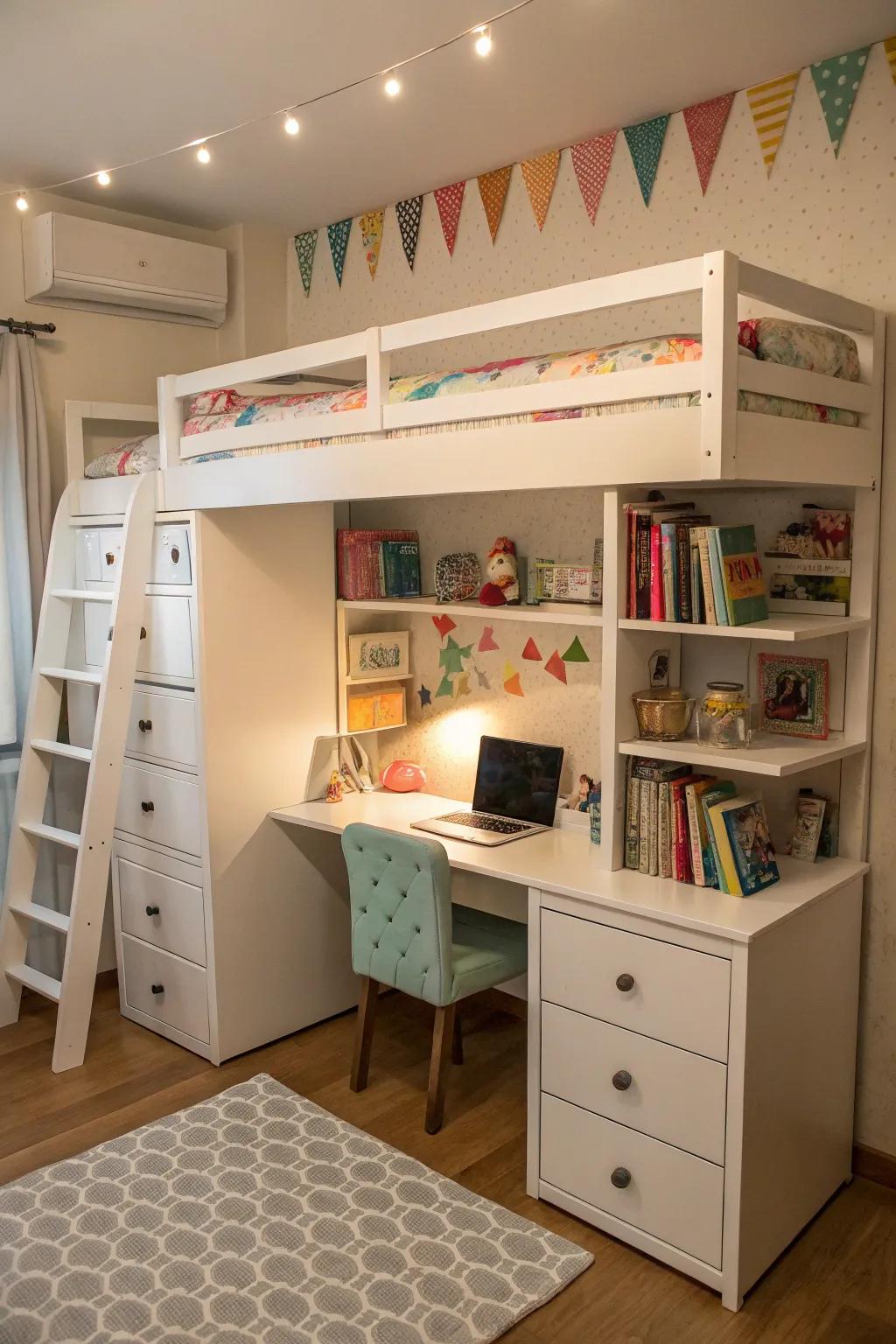 Elevated sleep stations combine sleeping, studying, and storage into one small design.