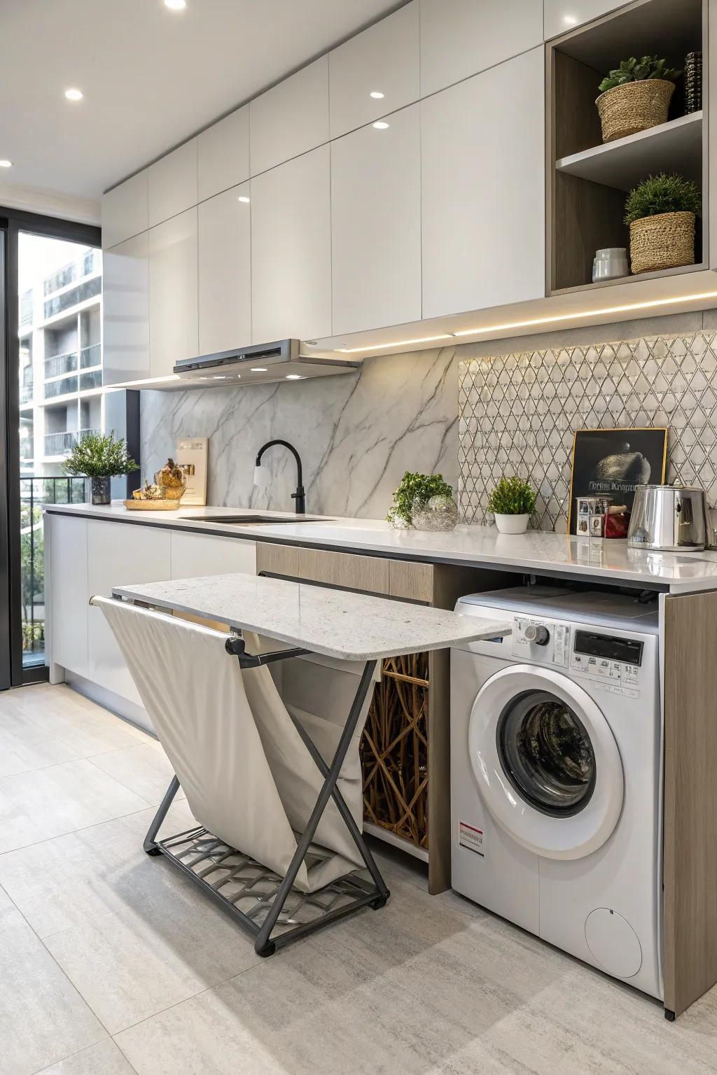 A contemporary kitchen showcases a foldable countertop, ingeniously designed as a laundry folding area.