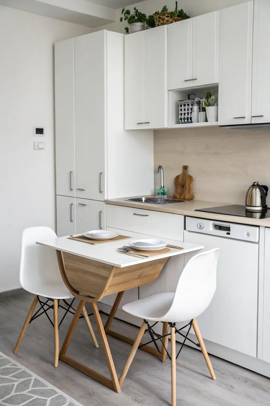 A fold-down table maximizes the area in a compact kitchen.