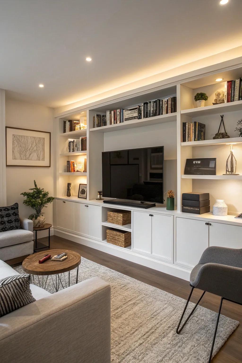 Integrated shelves offer elegant storage solutions, making the TV a cohesive element within the decor.