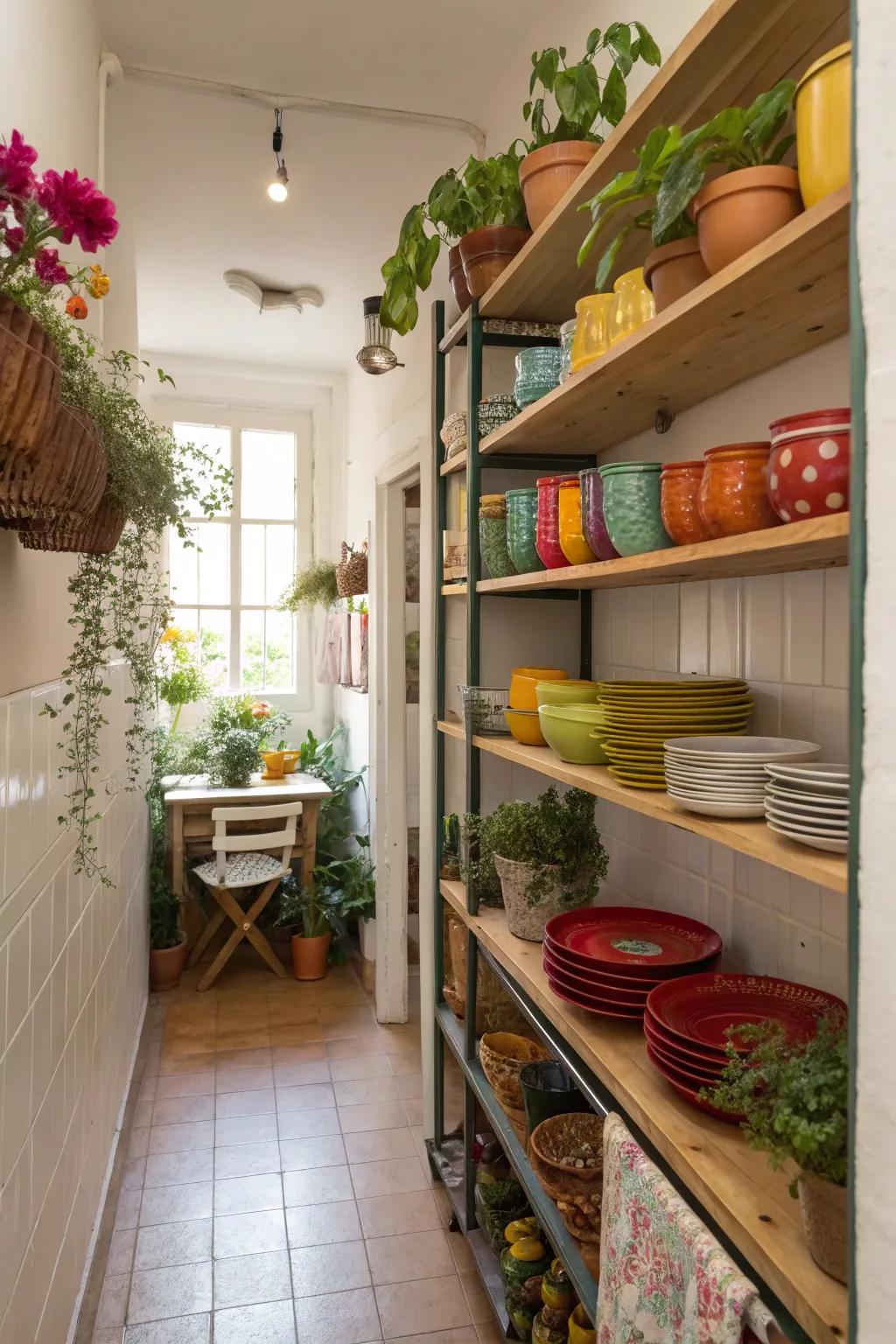 Exposed shelving enriches this kitchen with both identity and ease of access.