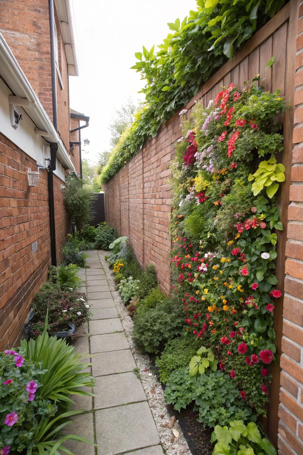Vertical gardens take full advantage of restricted space, introducing greenery to compact side yards.
