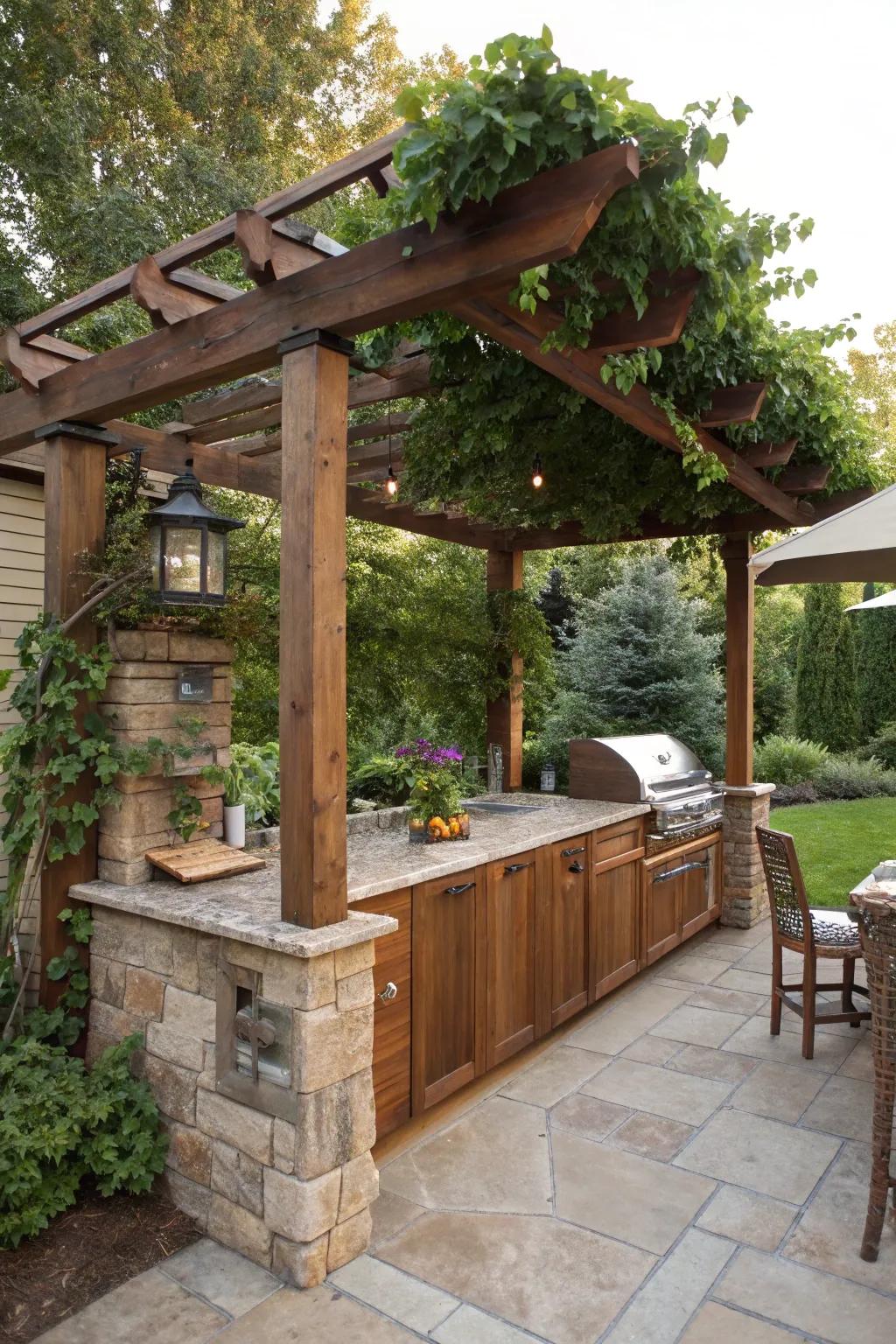A garden arbor lends appeal and shade to a small outdoor cooking area.