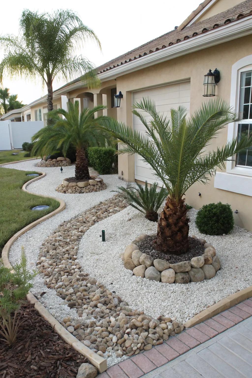 Decorative stones and gravel introduce a modern touch to your palm tree layout.