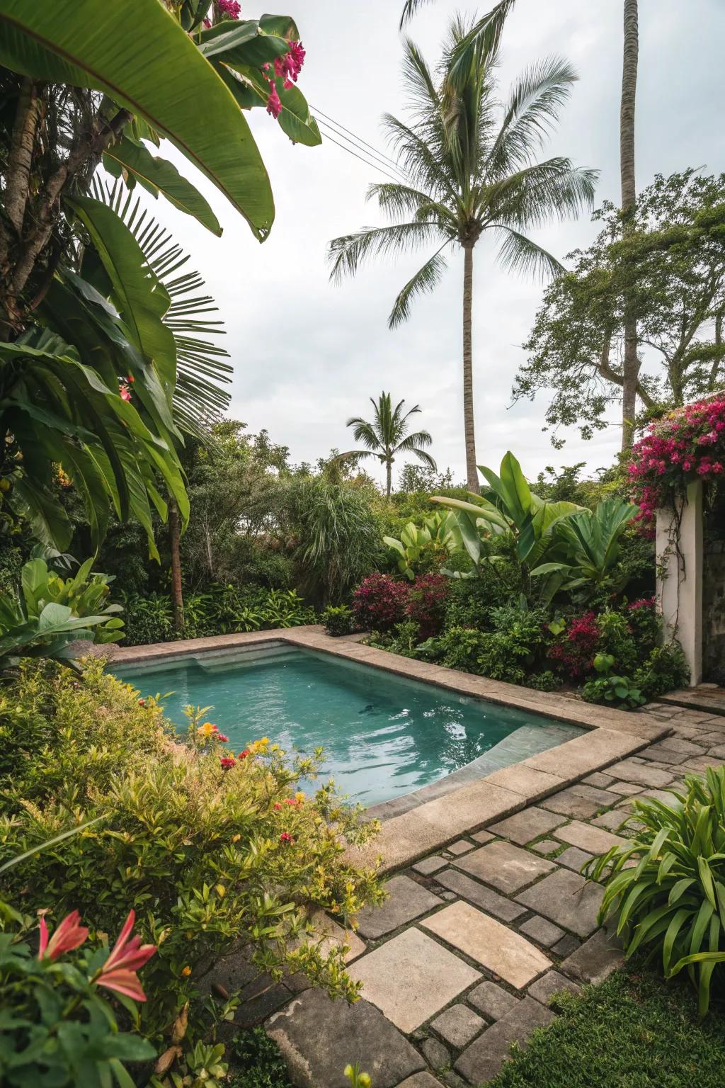 Convert your pool space into a tropical haven with lush vegetation and dynamic greenery.