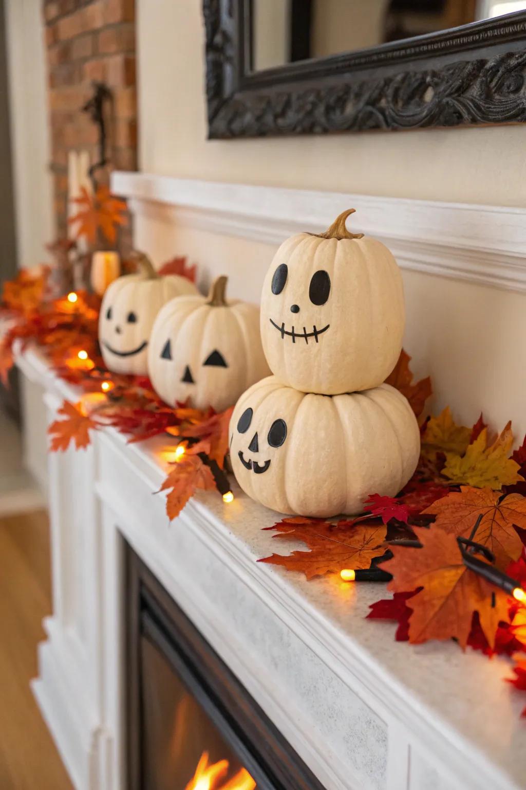 Minute lanterns with expressive faces exude Halloween charm.