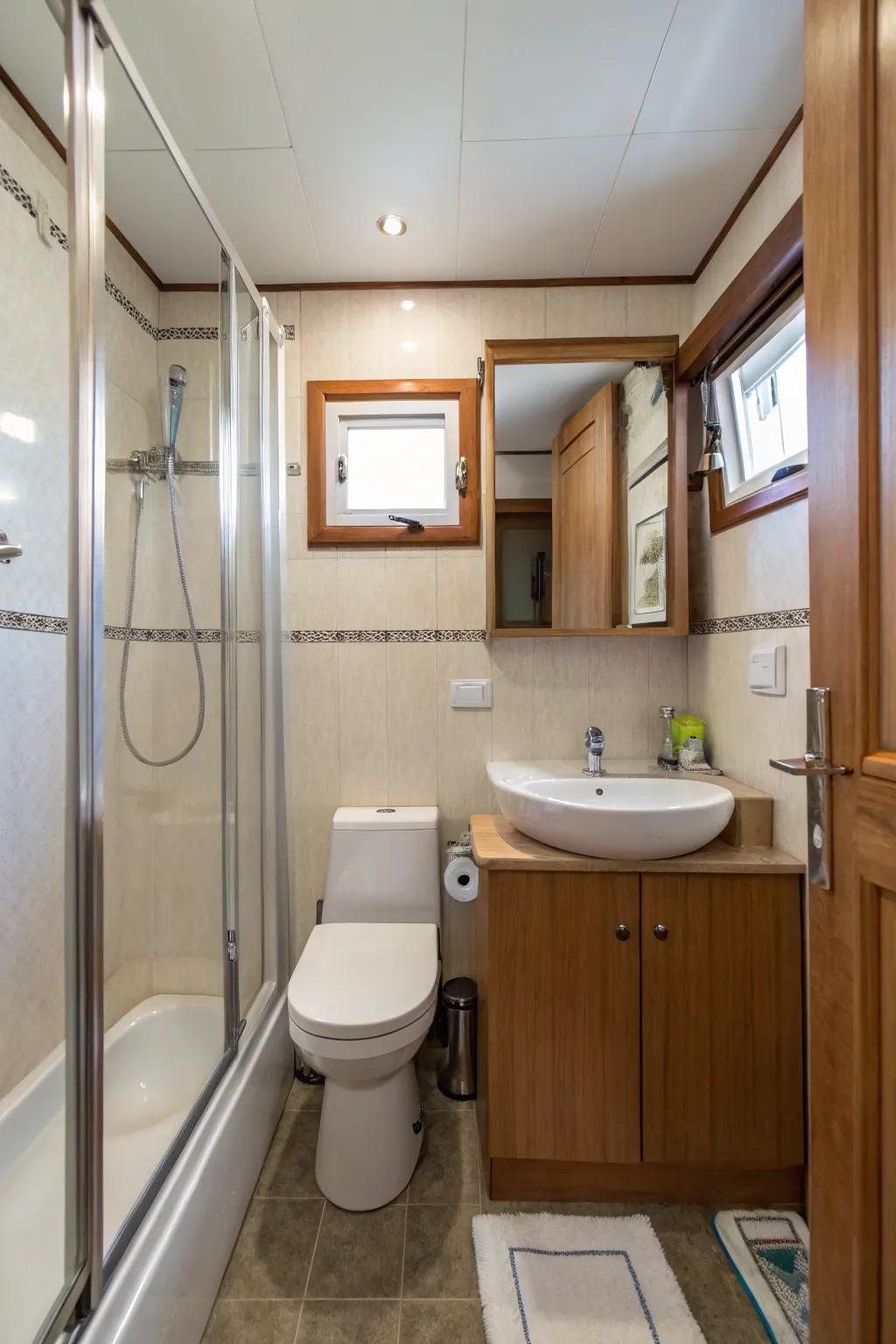 A compact layout maximizes space in a small shower room.