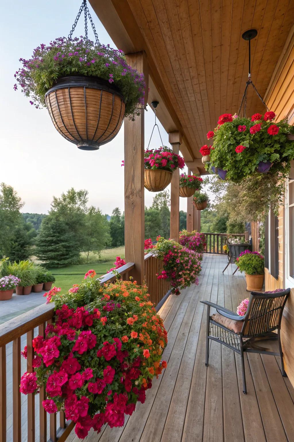 A side porch filled with striking potted plants and hanging flora containers.
