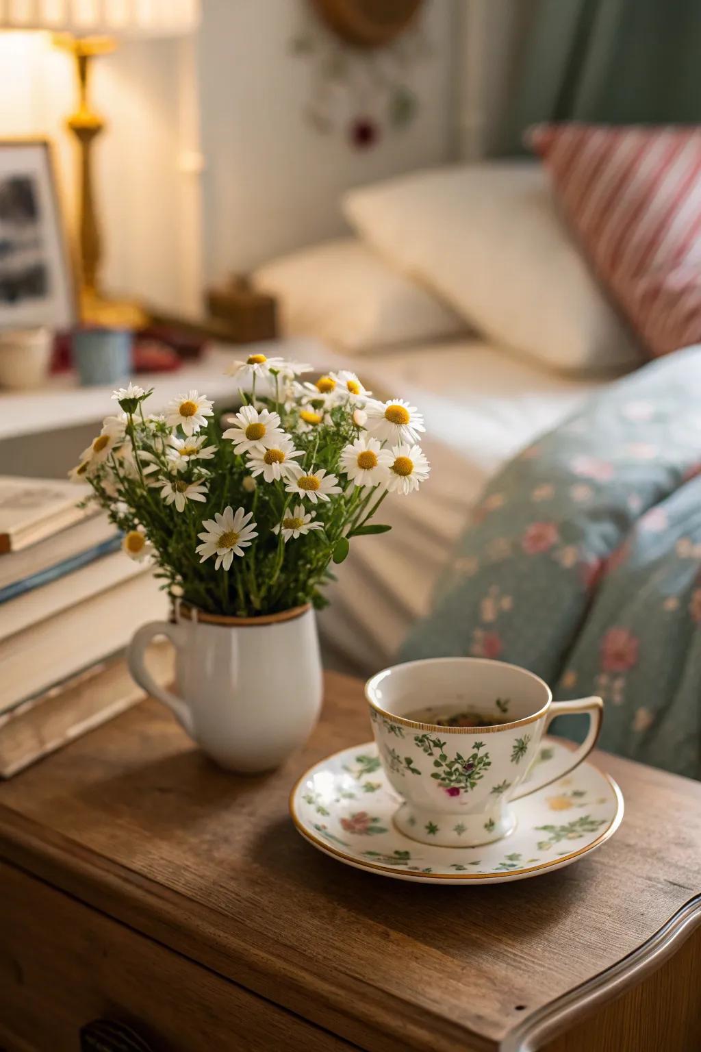 A classic cup is an excellent tiny container for delicate flowers.
