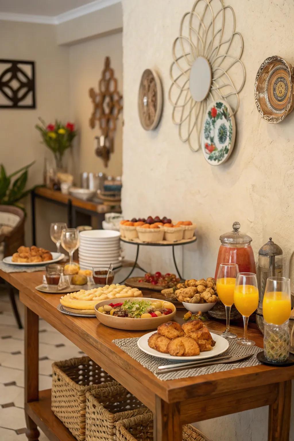 Setting up a buffet encourages people to mix and mingle and maximizes the space available.