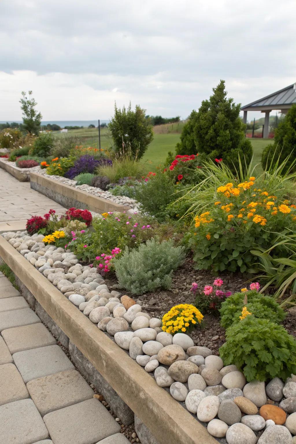 Elegant rock-bordered planting beds brimming with energetic plant existence.