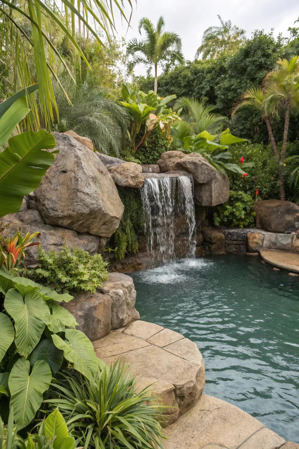 A stone-look waterfall amplifies the tropical atmosphere with its peaceful water sounds.