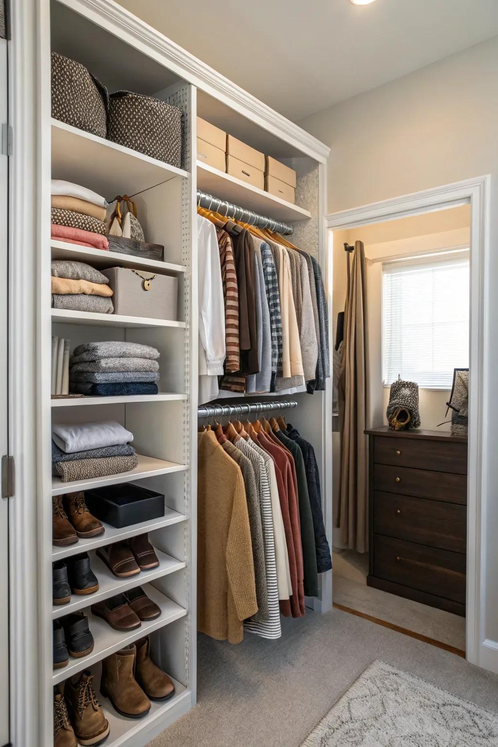 Customizable shelves provide adaptable storage alternatives.