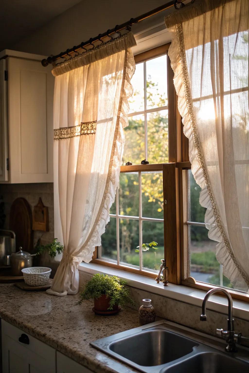 Cafe curtains give a quaint, charming feel to small kitchen windows.