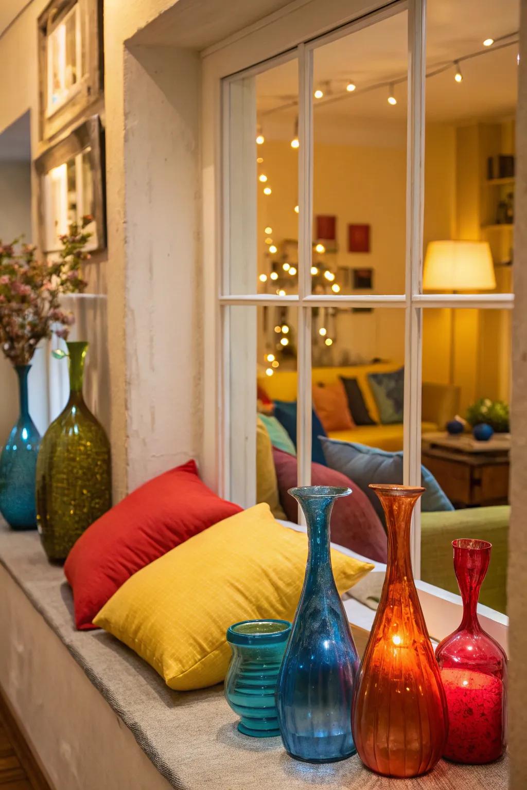 A lively window display using striking hues to add a spirited element.