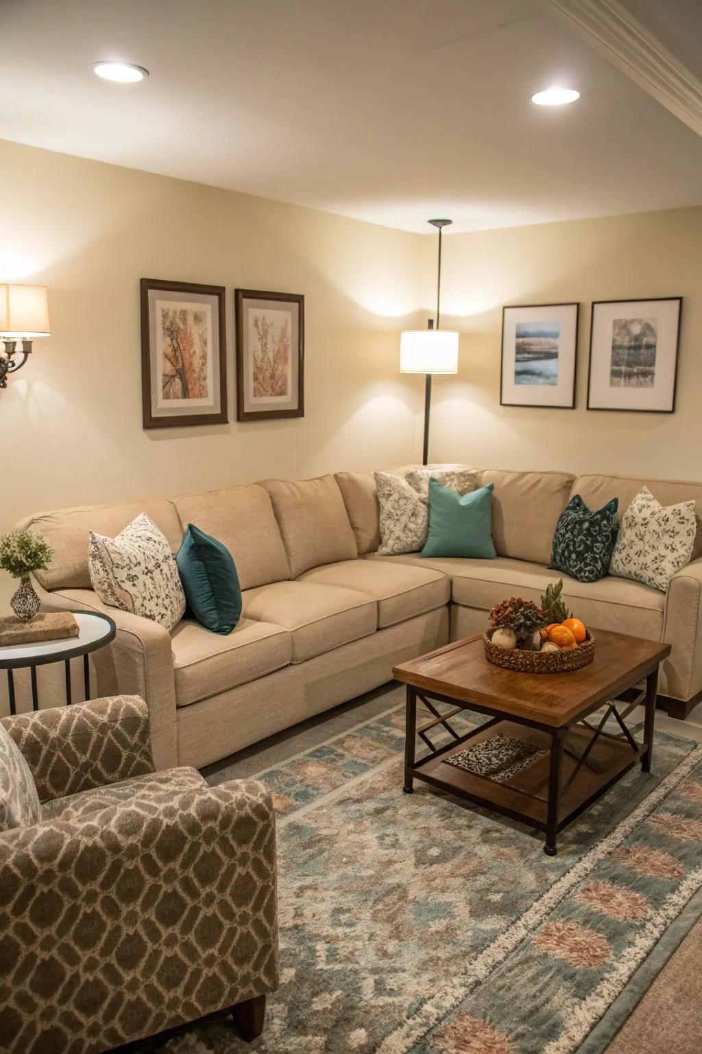 A modular couch perfectly nestled into the corner of a petite living area.