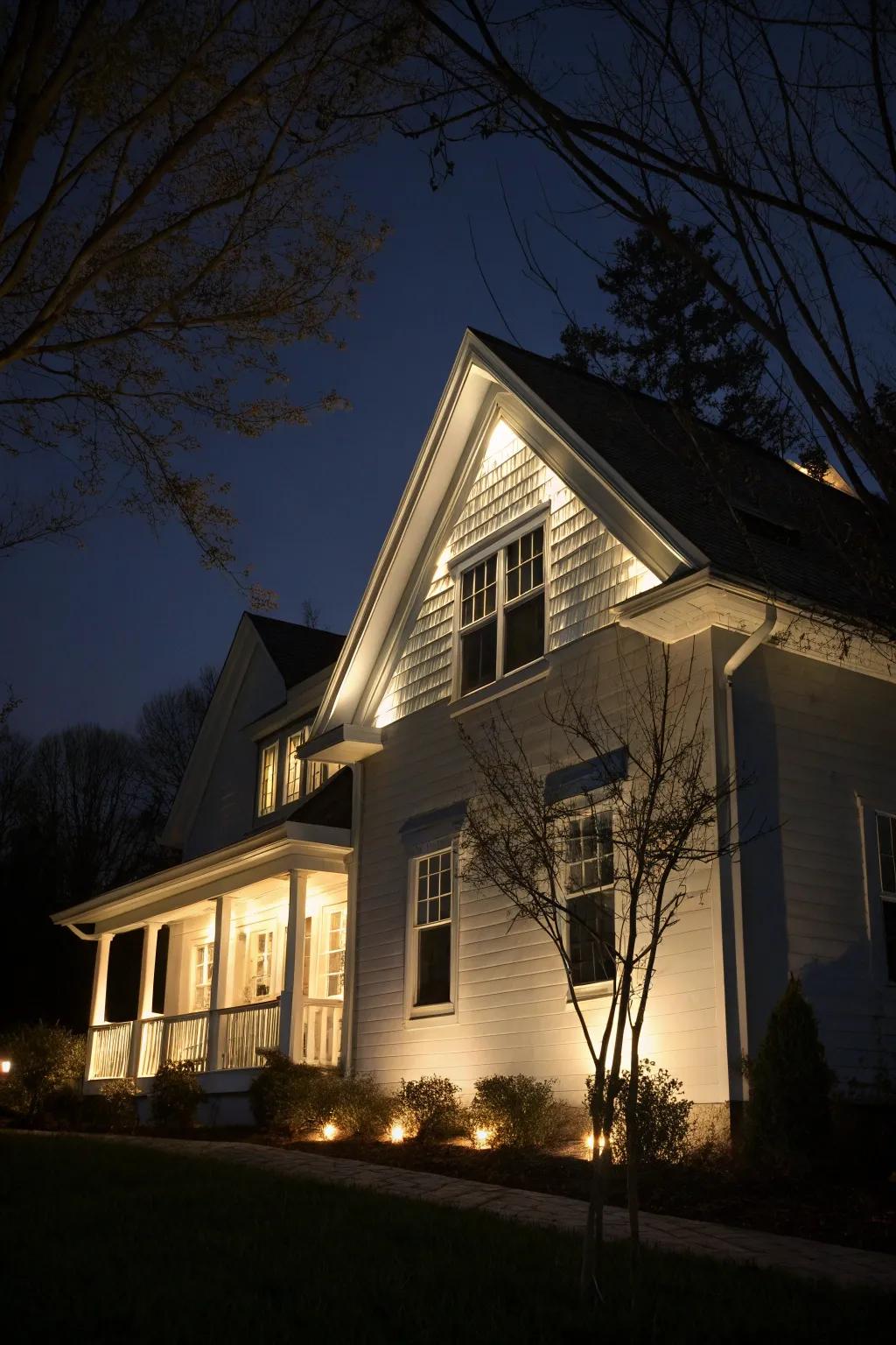 Vertical lighting beautifully emphasizes the architectural gable of a home.