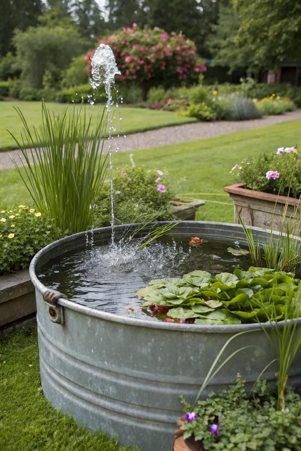 A country-style plated tub transformed into an enchanting sun-driven fountain sanctuary.