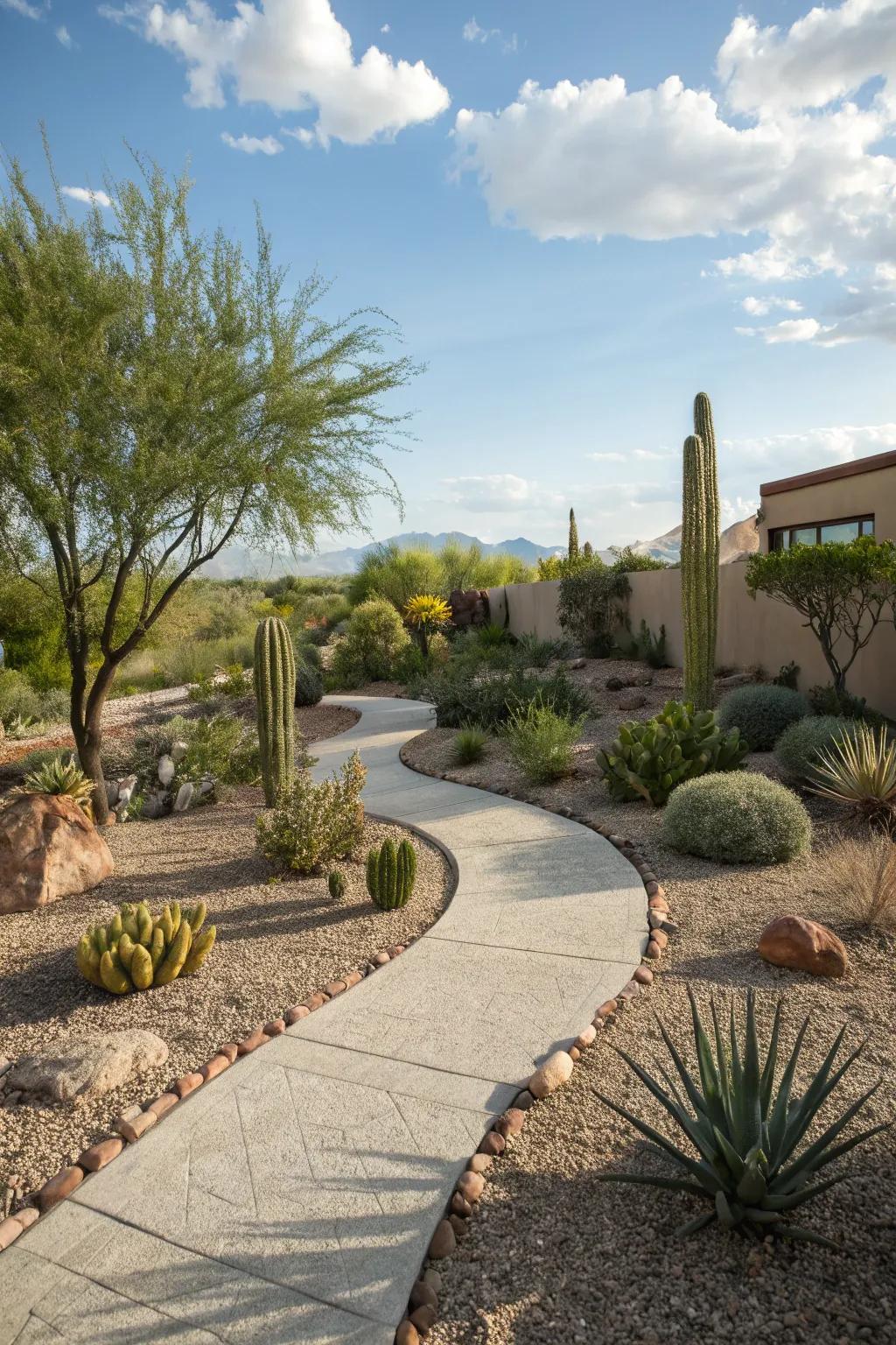 A delightful gravel path enriching the Southwest-themed landscape.