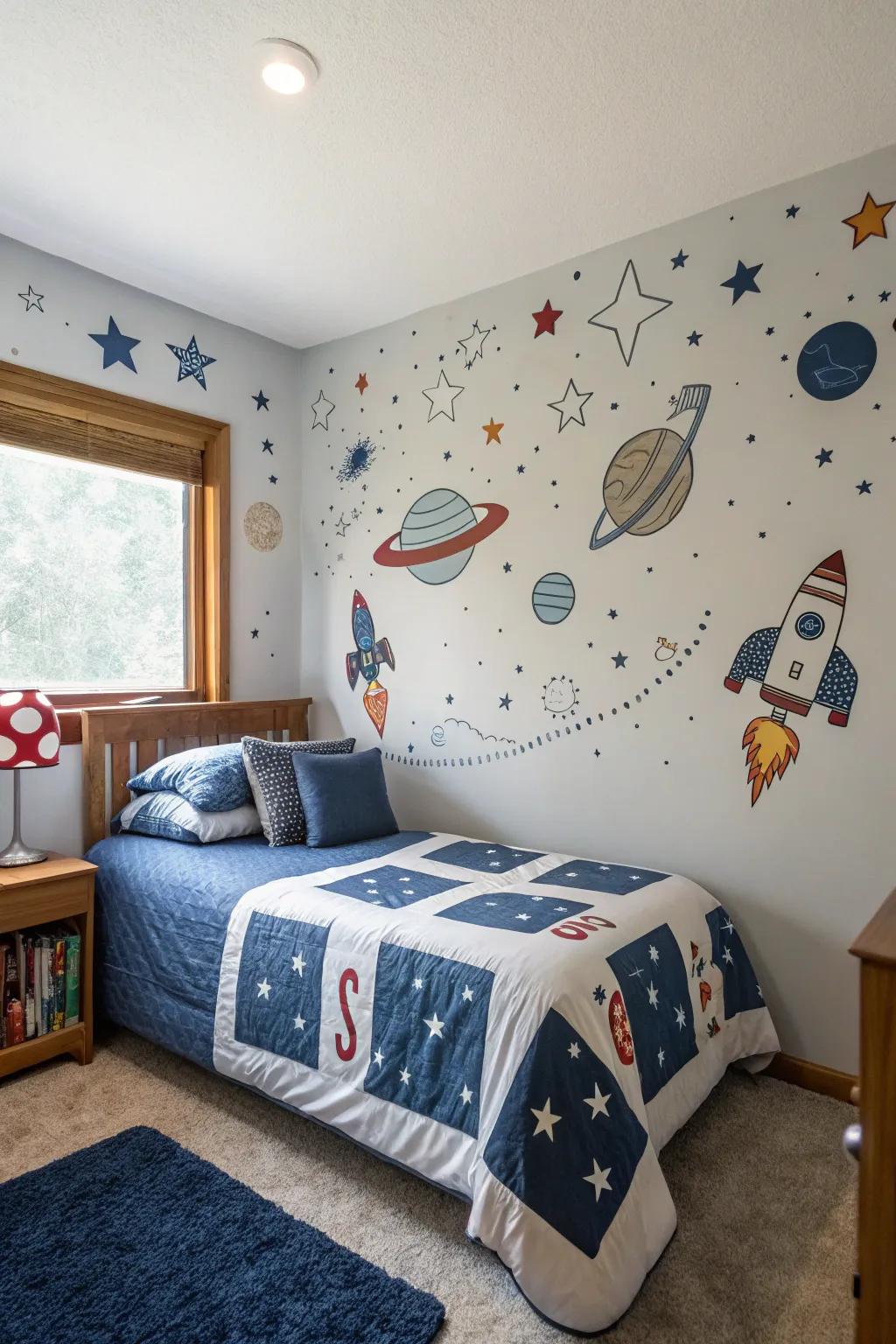 Astronaut and spaceship designs stimulate exploration and interest.