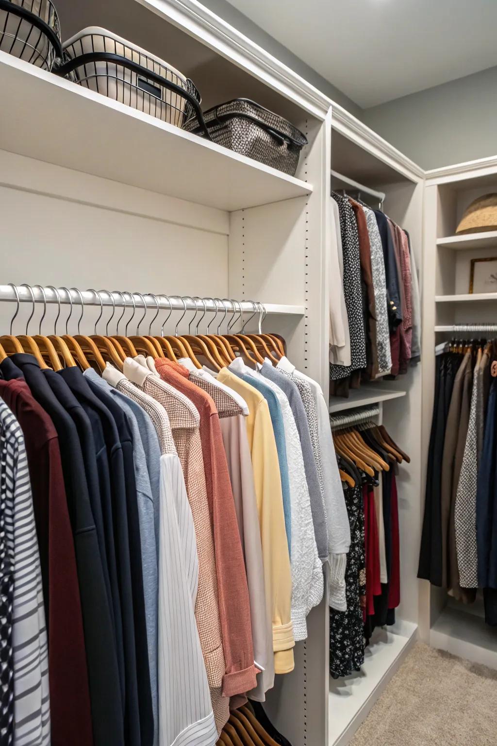 Low-profile hangers create a uniform appearance and conserve space while protecting your clothing from creases.