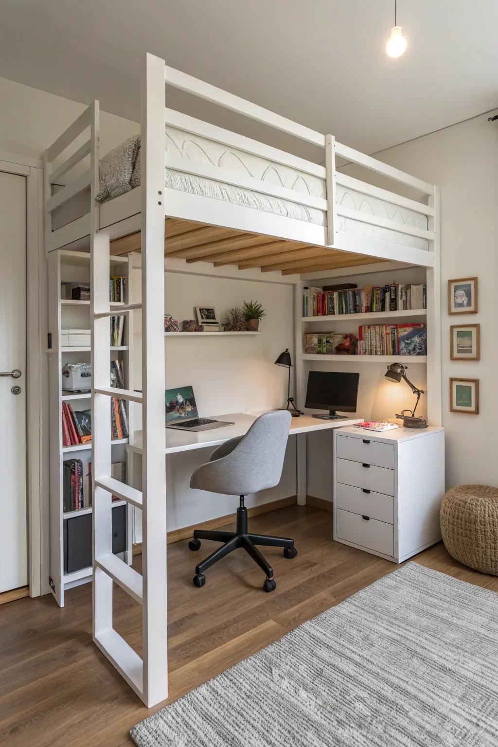 High-rise bed with workspace beneath