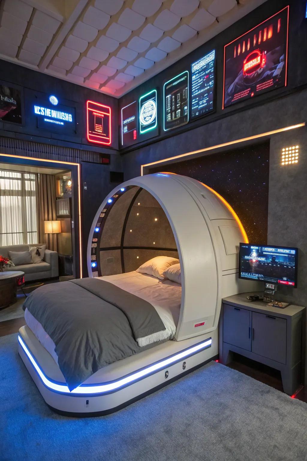 A space capsule bed that functions as the room's focal point.