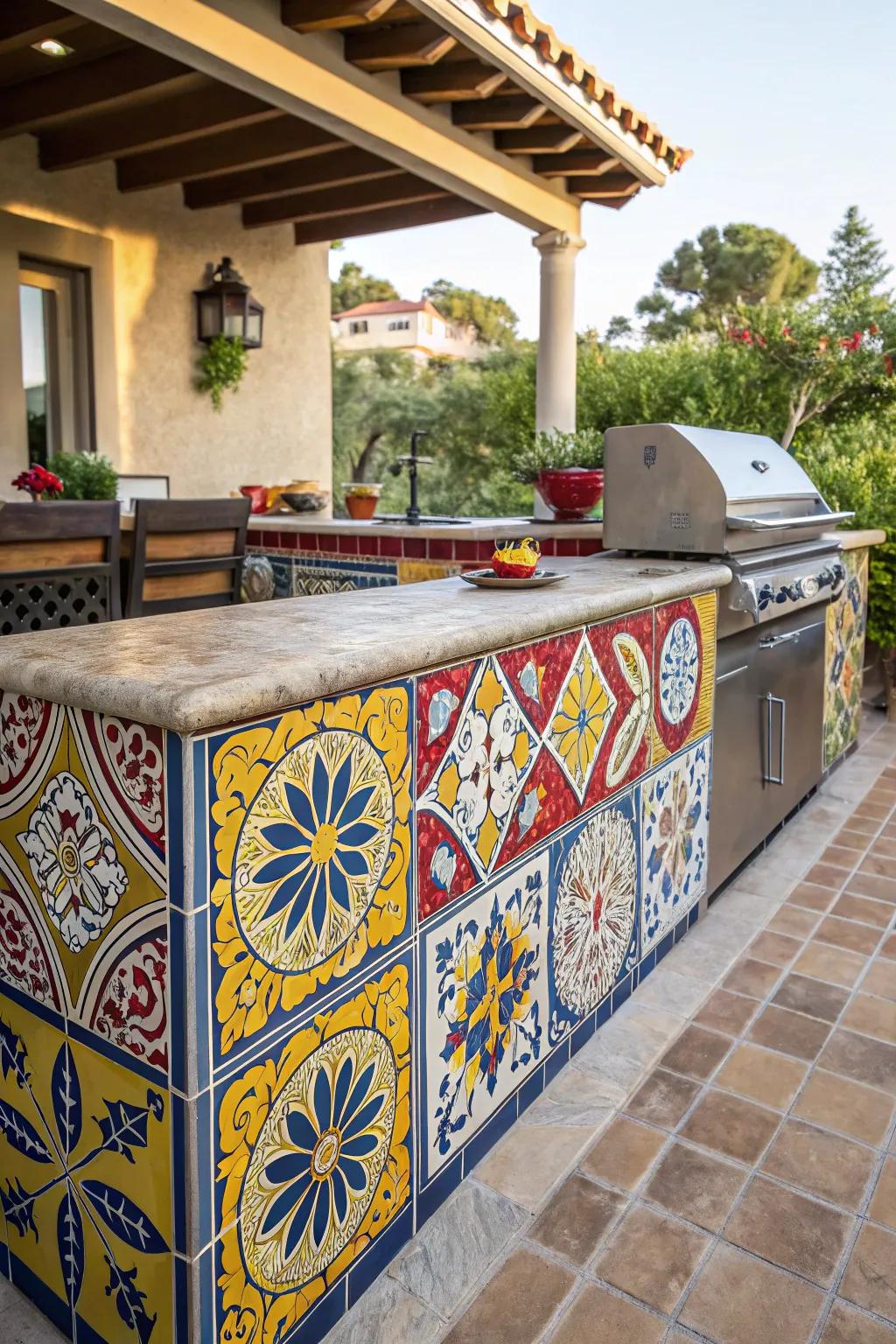 Dynamic Spanish mosaics contribute bursts of pigment to this delightful open-air cooking area.