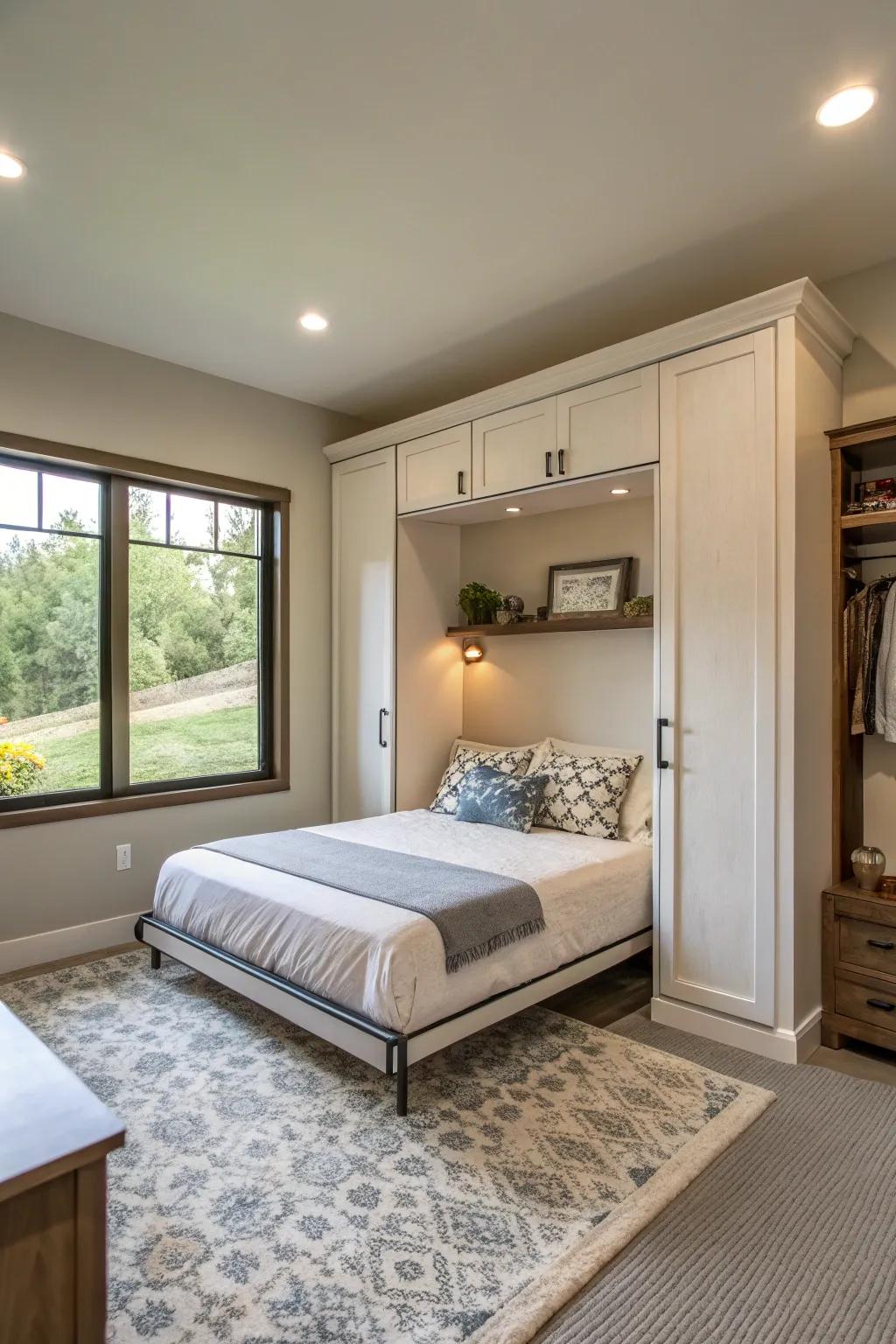 A foldaway bed optimizes space while ensuring comfort for guests.