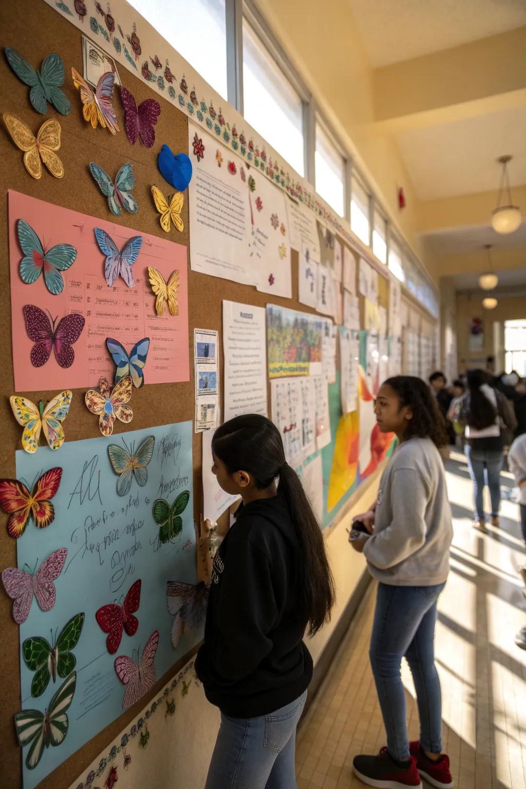 A bulletin board showcasing vibrant butterflies and inspiring quotes about change.